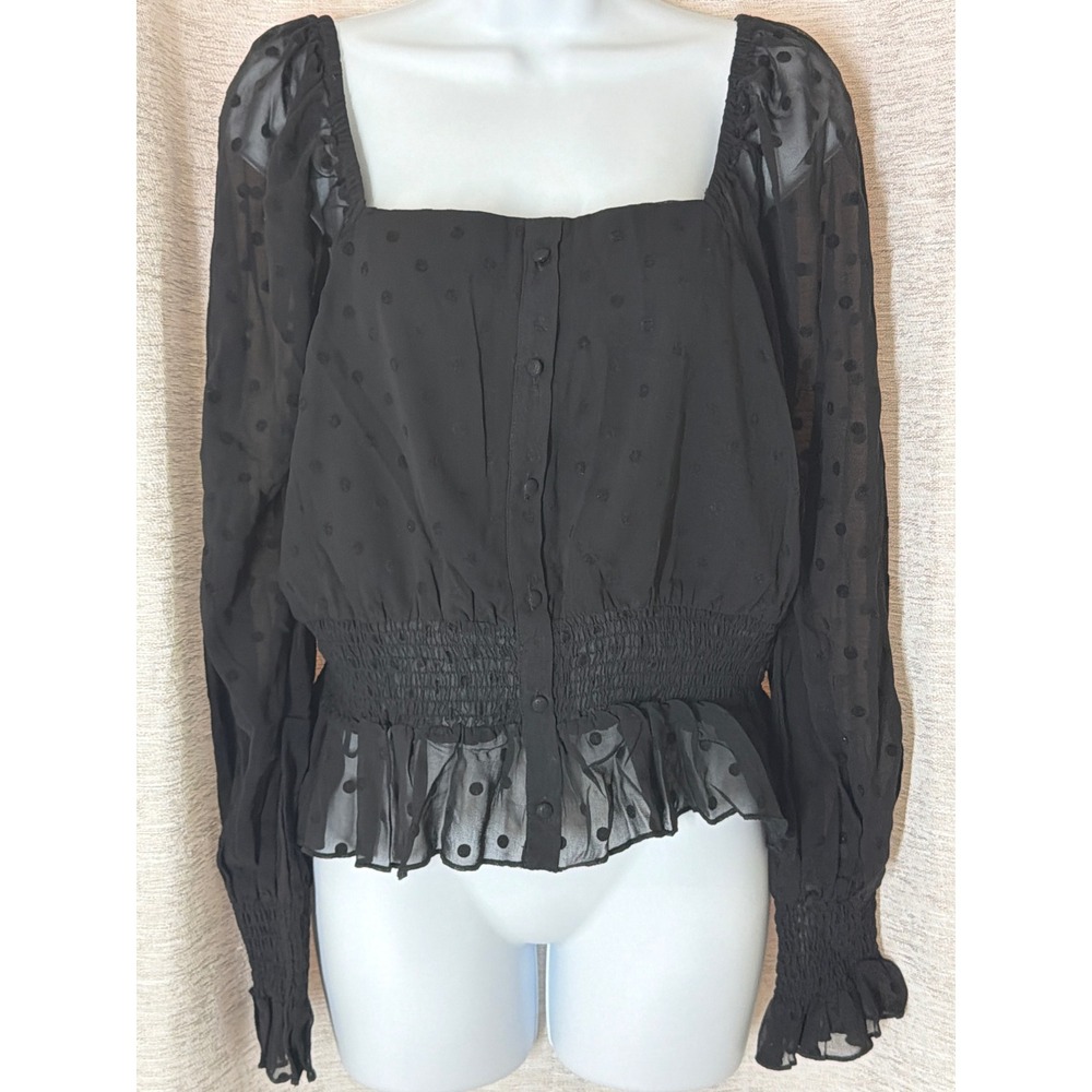 Lucy Paris Black Polka Dot Smocked Peplum Blouse Sheer Long Sleeve NWT Large